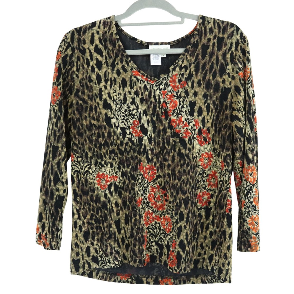 Coldwater Creek Leopard Black Red BrownFloral Top 3/4 Sleeve Size M Boho Chic